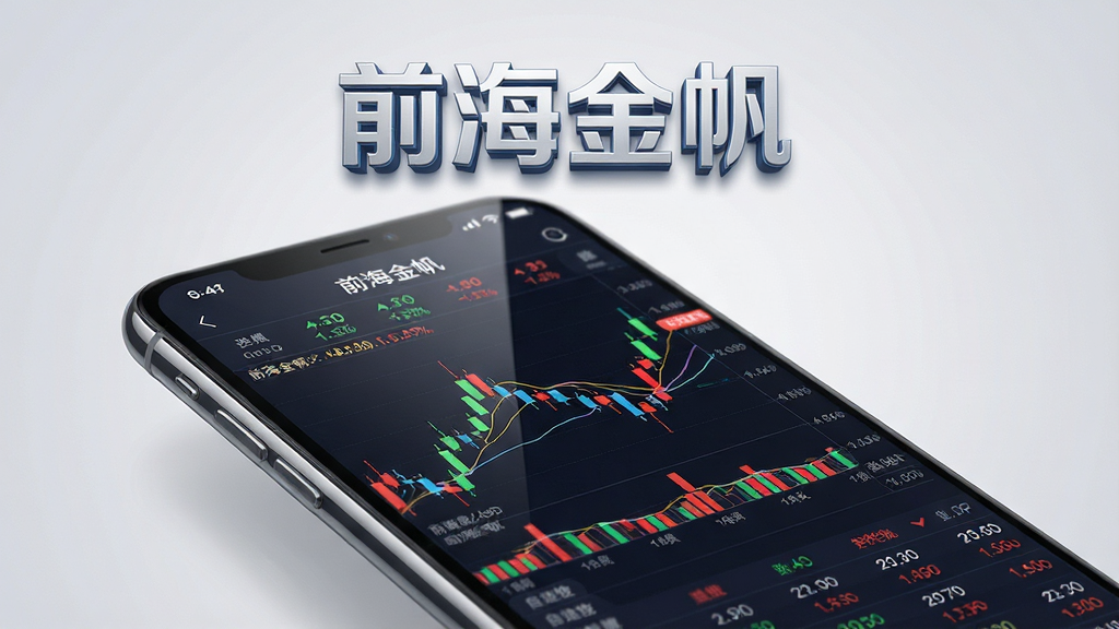 画面主体为一部智能手机屏幕特写,屏幕内清晰展示“前海金帆”APP的行情主界面,界面中显示彩色K线图、红绿涨跌数字与自选股列表。布局采用居中构图,手机微微倾斜,背景为浅灰色渐变,上方悬浮“前海金帆”四个字样的立体LOGO。风格为现代科技感,细节包括屏幕反光、图表线条锐利、数字清晰可读。画质高清,干净无多余元素。