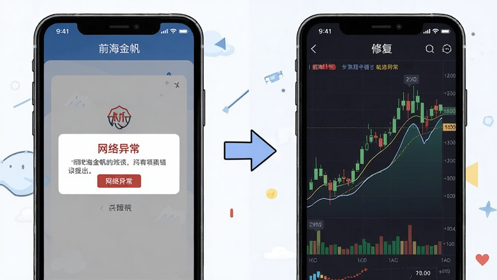 图片主体为前后对比图,左侧是手机显示“前海金帆”App的卡顿错误提示界面,右侧是修复后流畅运行K线图的界面。布局采用并排对比构图,中间用箭头连接。风格为简洁插画风,细节包括手机边框、错误弹窗文字“网络异常”、流畅的曲线图。画质干净清晰,无多余元素。