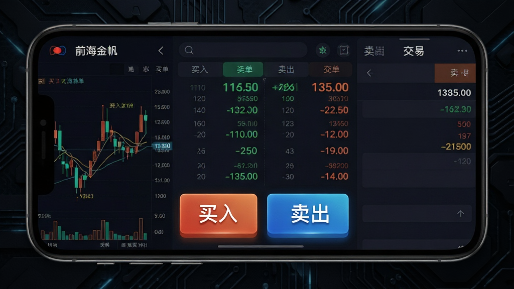 画面主体为“前海金帆”交易界面的手机截图样机,屏幕中央显示买卖五档挂单数据与巨大的“买入”“卖出”按钮。布局采用左右分屏设计,左侧为K线图,右侧为交易面板,整体背景为深色科技纹理。风格为现代简约,细节突出价格数字的高亮显示与按钮的立体质感。画质锐利,干净无多余元素。