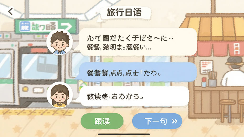 ���壺����������App�Ŀγ�ѧϰ���棬չʾһ������������ĳ����Ի���������ɫͷ��ͶԻ����ݡ����֣��Ի����ݴ��ϵ������У����Ϊ��ɫͷ���Ҳ�Ϊ���ĺ����ķ��룬�ײ��С��������͡���һ�䡱��ť���Ű棺����Բ����ɫ����˵����ɫ�����������ɶ���������¼�࣬������ʽ�廭��񱳾���ϸ�ڣ��Ի������漰��·�͵�ͣ������е���վ������ļ�ʻ������ʸɾ����޶���Ԫ�ء�