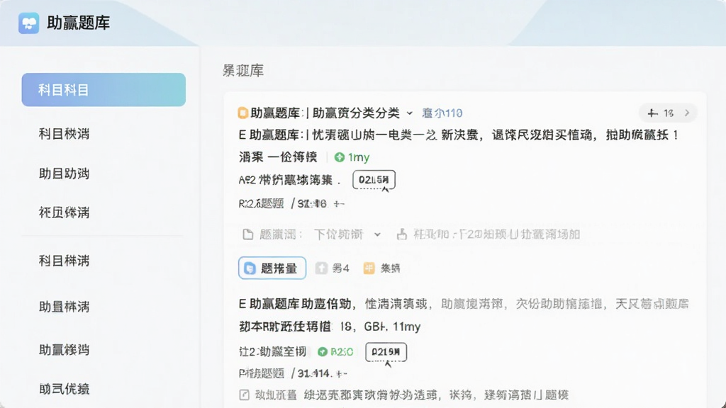 展示助赢题库的题库分类页面,左侧为科目列表,右侧显示题目预览,风格简约清晰,色彩柔和,画质干净,无多余元素