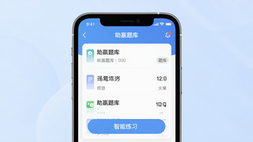 展示助赢题库APP的整体界面,手机屏幕居中,背景为浅蓝色渐变,界面显示题库列表与智能练习按钮,布局简洁明了,风格现代扁平化,细节清晰,画质干净,无多余元素