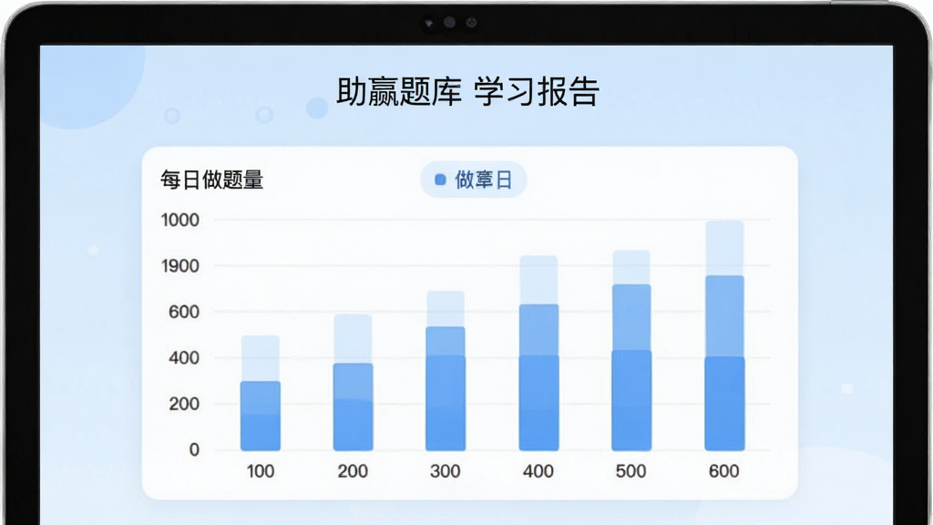展示助赢题库的学习报告页面,柱状图显示每日做题量,背景为浅蓝色,风格简洁,画质干净,无多余元素