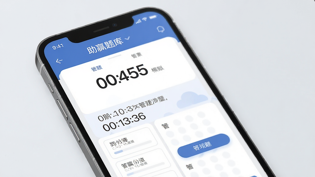 展示助赢题库的模拟考试界面,手机屏幕显示倒计时与答题卡,背景为淡灰色,风格简洁专业,画质干净,无多余元素