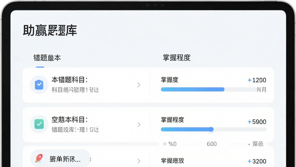 展示助赢题库的错题本界面,列表显示错题科目与掌握程度,背景为浅白色,风格清新,细节清晰,画质干净,无多余元素