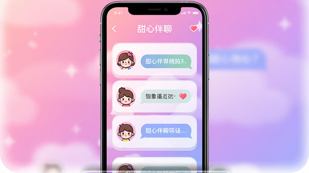 主体为一部亮着屏幕的智能手机,屏幕中显示“甜心伴聊”应用主界面,界面中有多个卡通头像和聊天气泡,布局居中,排版整洁,风格清新明快,细节包括粉紫色渐变背景和圆角卡片,画质高清干净,无多余元素