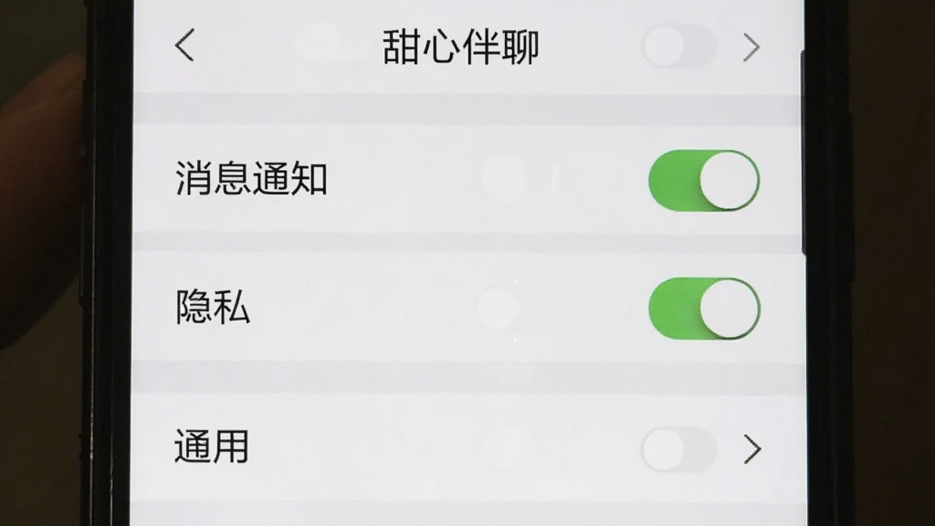 主体为一张手机截图,屏幕显示“甜心伴聊”的设置界面,包括“消息通知”、“隐私”、“通用”等选项,布局列表形式,排版清晰,风格简洁,细节包括开关按钮和箭头图标,画质干净无多余元素