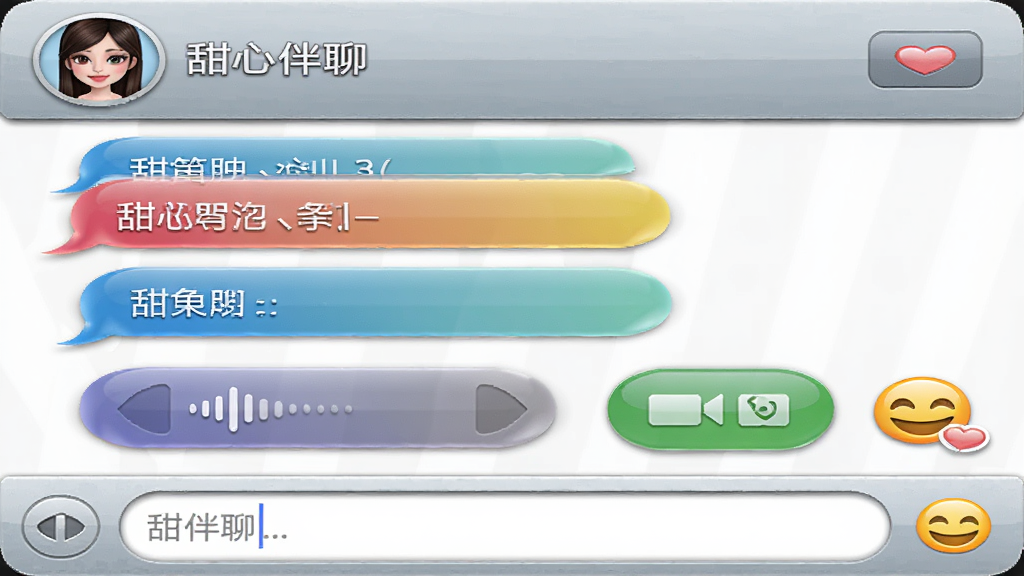 主体为“甜心伴聊”聊天界面截图,顶部显示对方头像和昵称,下方依次排列文字气泡、语音条、视频通话按钮和表情图标,布局为纵向列表,排版紧凑,风格拟物化,细节包括彩色渐变气泡和底部输入框,画质高清无多余元素
