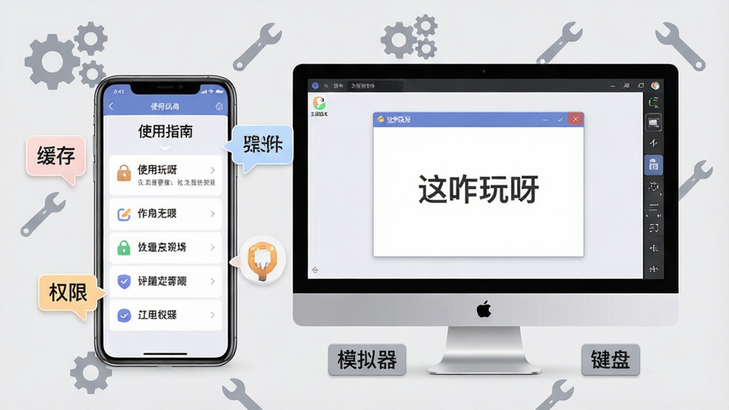主体:手机和电脑并排展示“这咋玩呀”应用界面,手机上有操作提示气泡,电脑屏幕显示模拟器窗口。布局:左侧为手机,右侧为电脑,背景为浅灰色,有齿轮和工具图标点缀。排版:手机屏幕显示“使用指南”和步骤列表,电脑屏幕有“这咋玩呀”窗口。风格:实用主义,清晰直观。细节:手机周围有“缓存”“权限”等小标签,电脑周围有“模拟器”“键盘”等元素。画质:高清,色彩淡雅,干净,无多余元素。