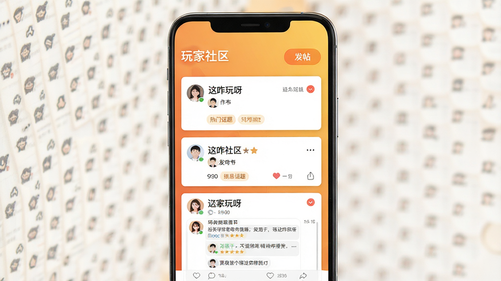 主体:手机屏幕展示“这咋玩呀”的社区讨论区,有帖子列表和评论回复界面。布局:手机竖屏,背景为温暖的橙黄色渐变,社区帖子以卡片式排列。排版:顶部有“玩家社区”字样,帖子标题和作者头像清晰可见,评论区有互动消息。风格:社区氛围浓厚,亲切友好。细节:屏幕中有“发帖”按钮和热门话题标签,卡片间有适当间距。画质:高清,色彩温暖,干净,无多余元素。