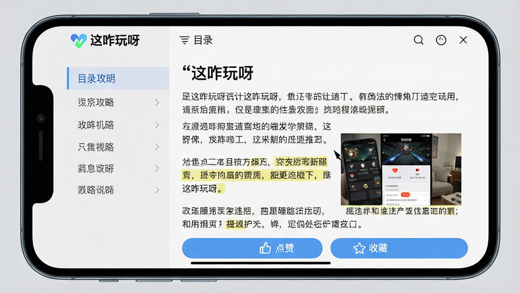 主体:手机屏幕展示“这咋玩呀”应用中的攻略文章页面,包含图文混排和步骤说明。布局:手机横屏展示,左侧为目录导航,右侧为详细攻略内容,背景为浅灰色。排版:页面顶部有“这咋玩呀”字样,攻略标题醒目,正文段落清晰,配有关键步骤截图。风格:简洁实用,信息层次分明。细节:屏幕中有高亮标注的重点技巧,底部有“点赞”和“收藏”按钮。画质:高清截图风格,色彩自然,干净,无多余元素。