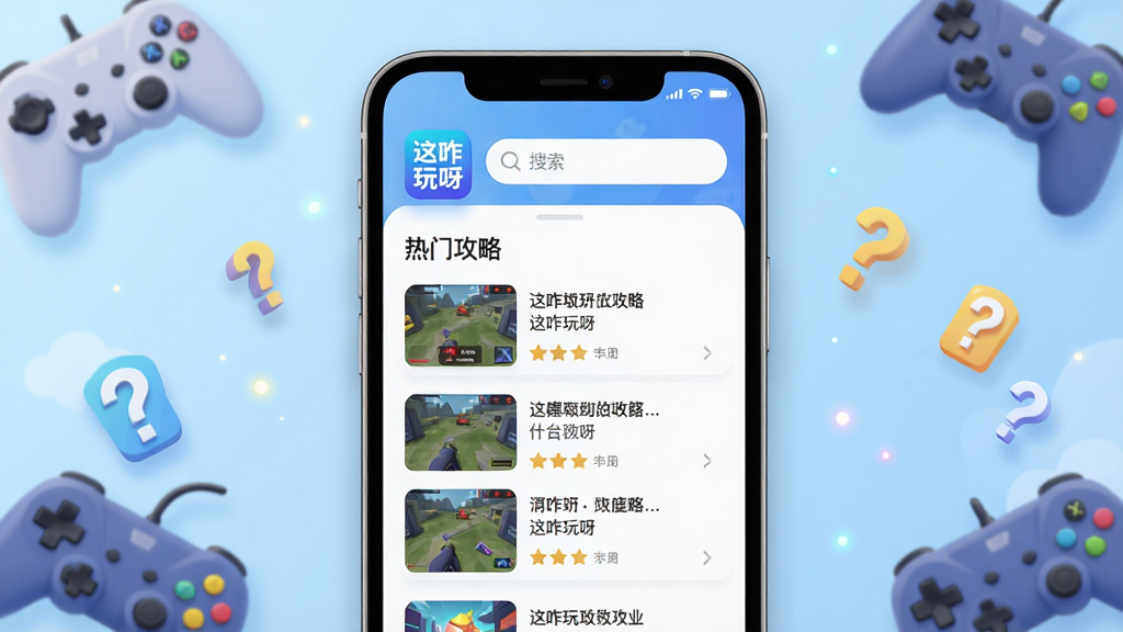 主体:一款名为“这咋玩呀”的手机应用界面,屏幕展示游戏攻略列表和搜索框。布局:手机居中,屏幕内容清晰可见,背景为淡蓝色渐变,四周有游戏手柄、问号图标等元素点缀。排版:手机屏幕内显示“这咋玩呀”应用图标和“热门攻略”字样,下方排列着几条攻略条目。风格:现代扁平化,色彩明亮,干净整洁。细节:手机边缘有柔和阴影,画面中漂浮着细微的光点,整体给人专业且易用的感觉。画质:高清渲染,色彩鲜艳,干净,无多余元素。
