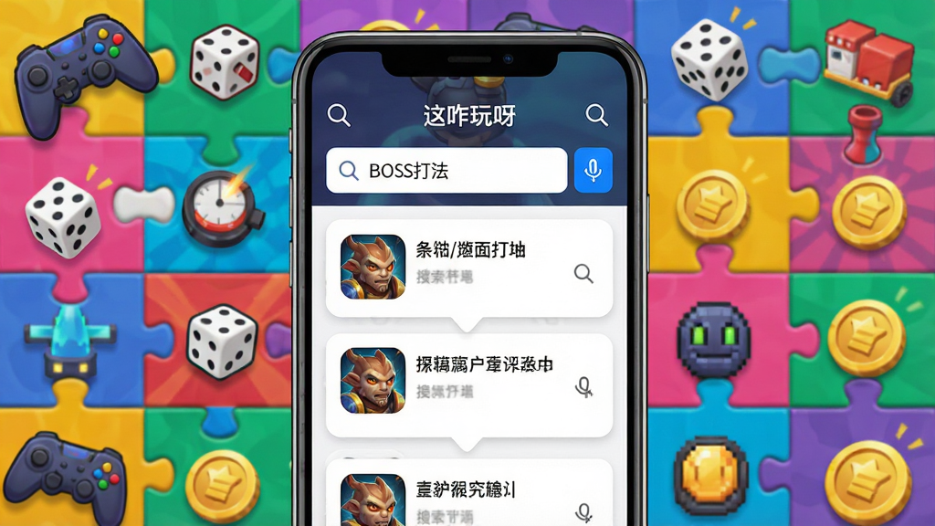 主体:手机屏幕显示“这咋玩呀”的搜索界面,搜索框中有“BOSS打法”关键词,下方展示搜索结果卡片。布局:手机居中,背景为多彩的游戏元素拼贴,像拼图一样环绕。排版:搜索框位于屏幕上方,结果卡片以瀑布流形式排列,每张卡片有游戏图标和标题。风格:活泼动感,色彩丰富。细节:屏幕上有放大镜图标和语音搜索按钮,背景元素有手柄、骰子、金币等。画质:高清渲染,细节丰富,干净,无多余元素。
