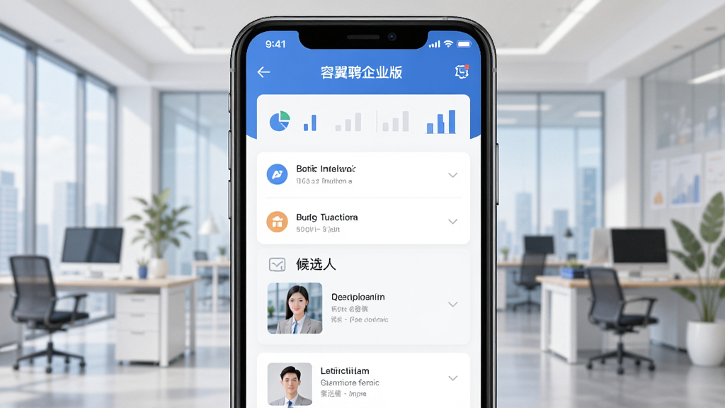 主体为一部智能手机屏幕展示容翼聘企业版主界面,界面清晰显示职位管理列表和候选人简历卡片,背景为现代化的办公环境,布局以手机为中心向四周延伸,排版简洁明快,风格为扁平化商务插画,细节包括界面上的图表图标和“容翼聘企业版”文字标识,画质高清,干净无多余元素