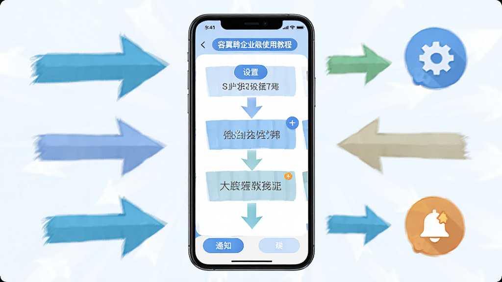 主体为手机屏幕显示容翼聘企业版使用教程步骤图,背景为操作指引箭头和图标,布局为从上到下的流程排列,排版清晰,风格为教育风格,细节有“设置”和“通知”图标,画质明亮,干净无多余元素