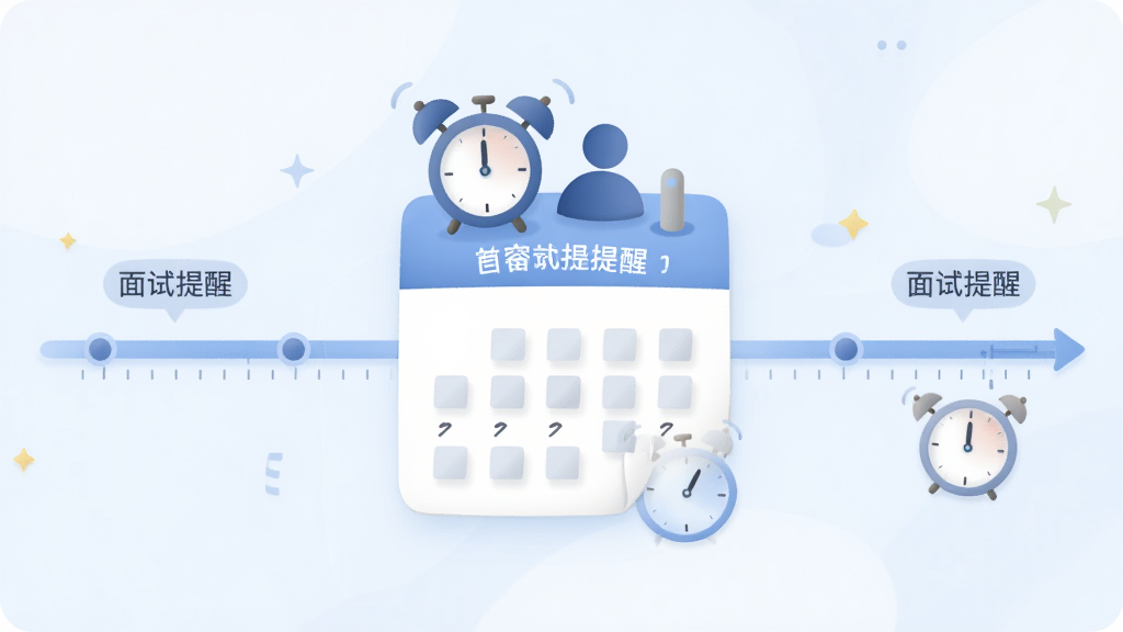 主体为日历图标上带有闹钟和人物剪影,背景为淡蓝色的时间轴,布局以日历为中心向两侧延伸,排版简约,风格为插画风,细节有“面试提醒”文字和时钟元素,画质柔和,干净无多余元素