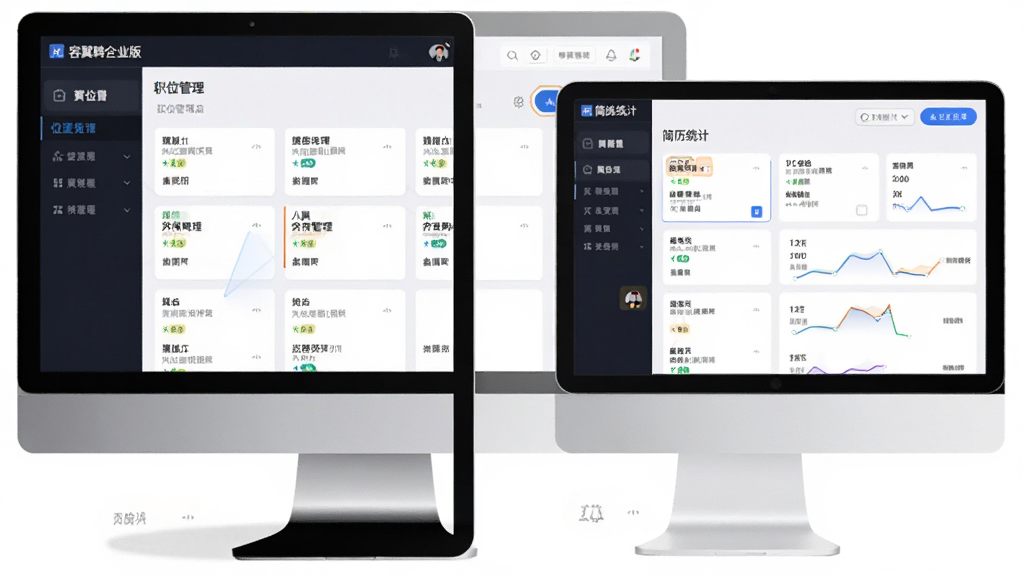 主体为电脑和平板设备并排展示容翼聘企业版职位管理后台,屏幕上有多个职位卡片排列,布局为左右分栏,左侧职位列表右侧简历统计,排版整齐,风格为现代科技感界面截图风格,细节突出按钮和筛选选项,画质锐利,干净无多余元素