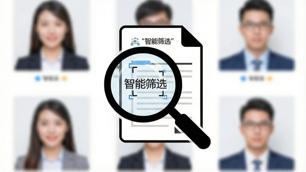主体为放大镜图标与简历文档结合,背景是模糊的候选人头像列表,布局以中心聚焦方式呈现,排版留白充足,风格为简洁商务风,细节有“智能筛选”字样,画质高清明亮,干净无多余元素