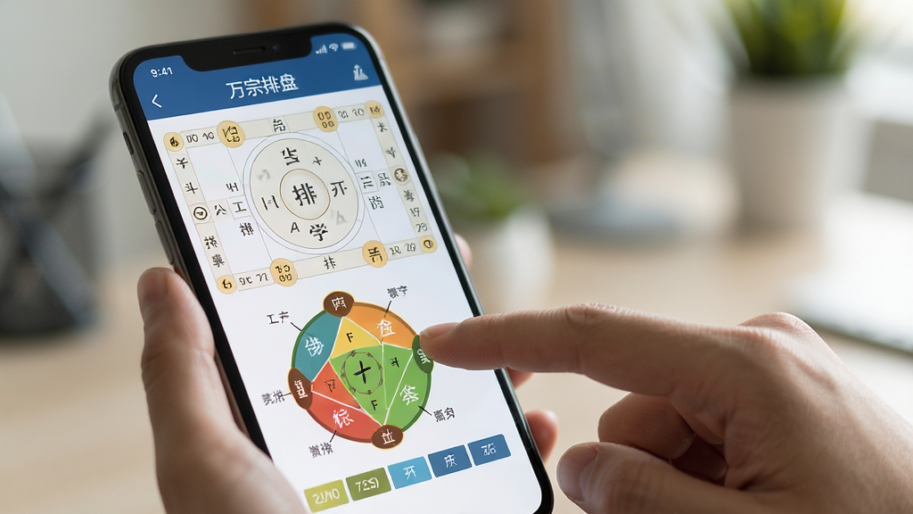 万宗排盘手机使用场景图,画面展示用户手指在手机上点击排盘结果界面的瞬间,背景虚化,突出屏幕内容,屏幕显示清晰的八字排盘和五行分析图表,光线柔和,画质高清,干净无多余元素