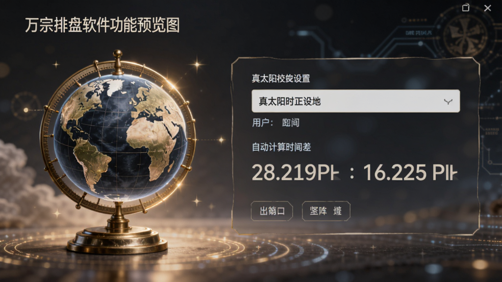 万宗排盘软件功能预览图,画面展示真太阳时校正设置界面,一个地球仪图标位于左侧,右侧显示用户输入的出生地与自动计算出的时间差,背景微光,风格科技感与古典感结合,排版清晰,画质细腻,干净无多余元素