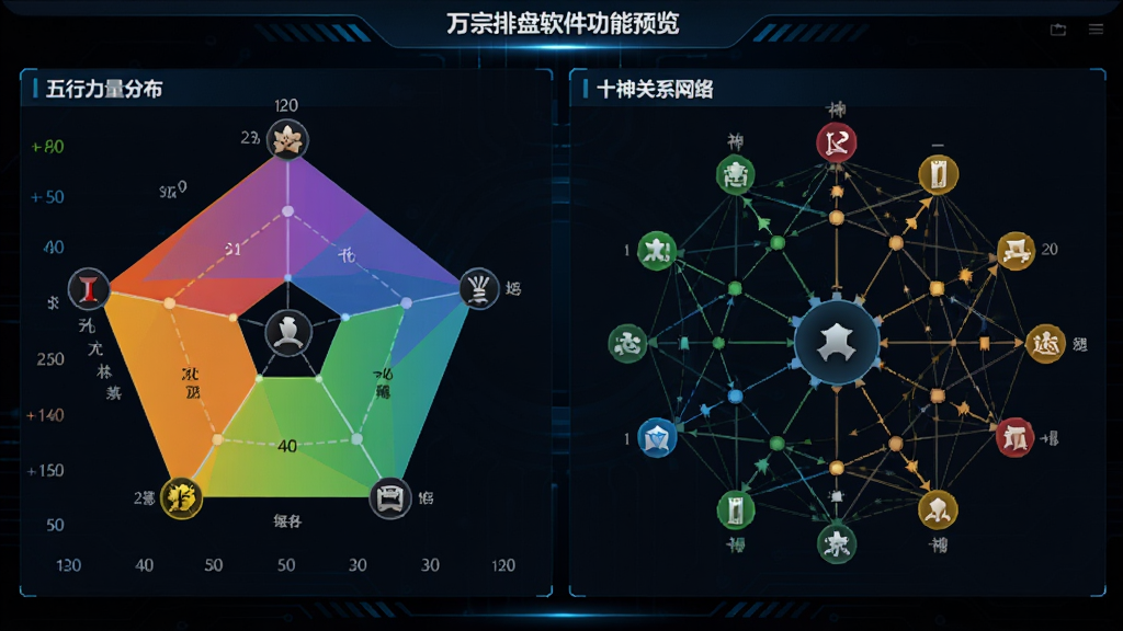 万宗排盘软件功能预览图,画面展示五行力量分布条形图与十神关系网状图,色彩鲜明,数据可视化程度高,背景为深色科技感界面,整体风格专业,排版有序,画质清晰,无多余元素