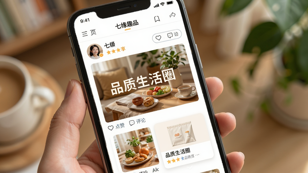 չʾ����ԵȤƷ��APP�����������ܵĽ��棬����Ϊ�ֻ���Ļչʾ�û�������ͼ�Ķ�̬������Ϊ��Ϣ����ʽ�������ܰ�����ϸ�ڰ����û�ͷ�񡢵������۰�ť����Ʒ���ӿ�Ƭ��ͼƬ�д����֡�Ʒ������Ȧ��������������Ȼ���޶���Ԫ��