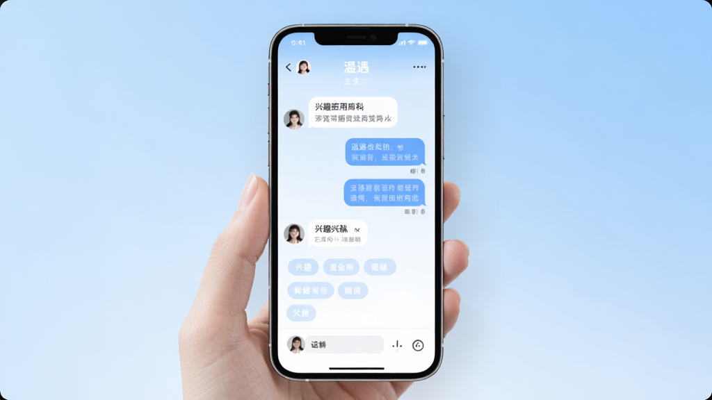 温遇应用主界面预览图,展示其简约清新的社交聊天界面,手机屏幕居中,背景为柔和的渐变蓝色,界面中显示对话气泡和兴趣标签,排版干净整洁,风格温馨治愈,细节丰富,画质高清,无多余元素