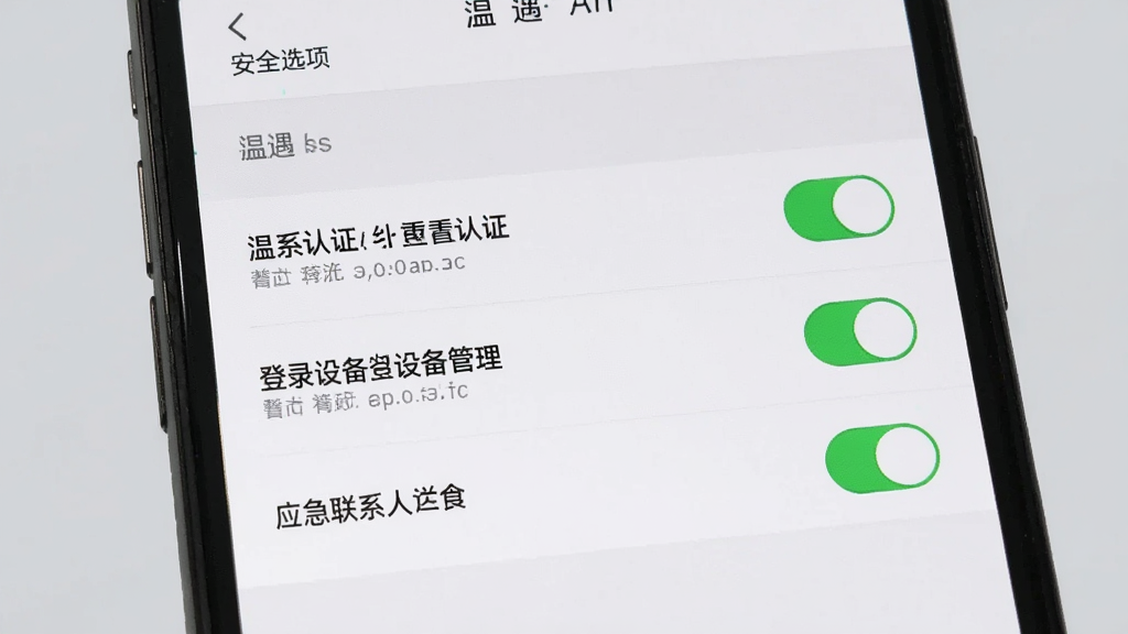 温遇设置界面中安全选项展示,画面显示手机屏幕,列出双重认证、登录设备管理、应急联系人等选项,背景为浅灰色,主体为设置列表,布局从上到下排列,排版清晰,风格简洁,细节包括开关按钮的绿色状态,画质高清,无多余元素