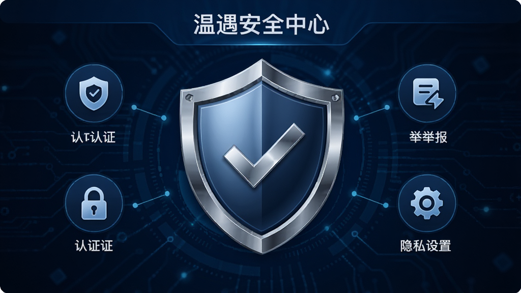 温遇安全中心界面,画面中央是一个盾牌图标,盾牌上带有对勾,周围环绕着认证、举报、隐私设置等图标,背景为深蓝色科技感纹理,主体突出,布局居中,排版简洁,风格严谨专业,细节包括盾牌上的金属光泽,画质清晰,无多余元素