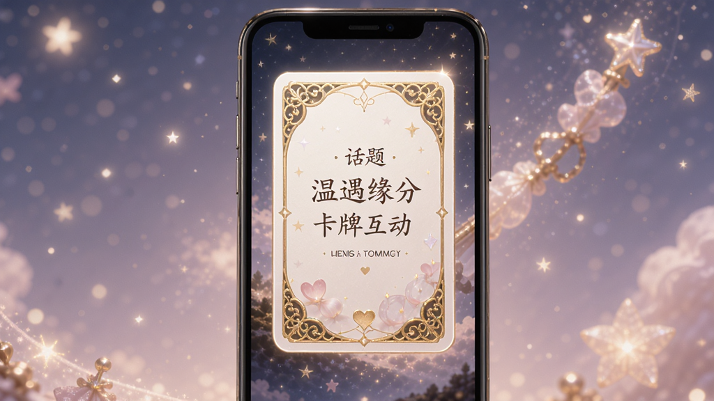温遇缘分卡牌互动界面,手机屏幕展示一张精美的卡牌,卡牌上写有话题文字,背景是柔和的星光效果,主体为卡牌,布局居中,排版具有设计感,风格梦幻浪漫,细节包括卡牌边缘的金色花纹,画质细腻,干净无多余元素