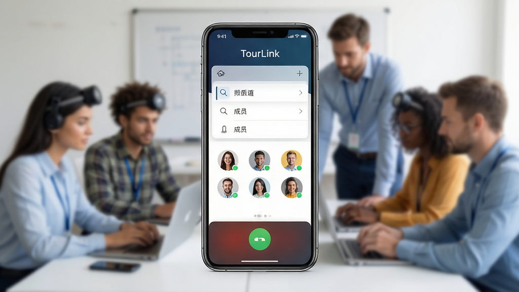 TourLink软件界面预览图,主体为智能手机展示对讲通话界面,界面布局简洁,顶部有软件名称“TourLink”,中部为频道列表与成员头像,底部为对讲按钮,背景为模糊的团队工作场景,排版干净,风格现代科技感,细节清晰,画质高清,干净无多余元素。