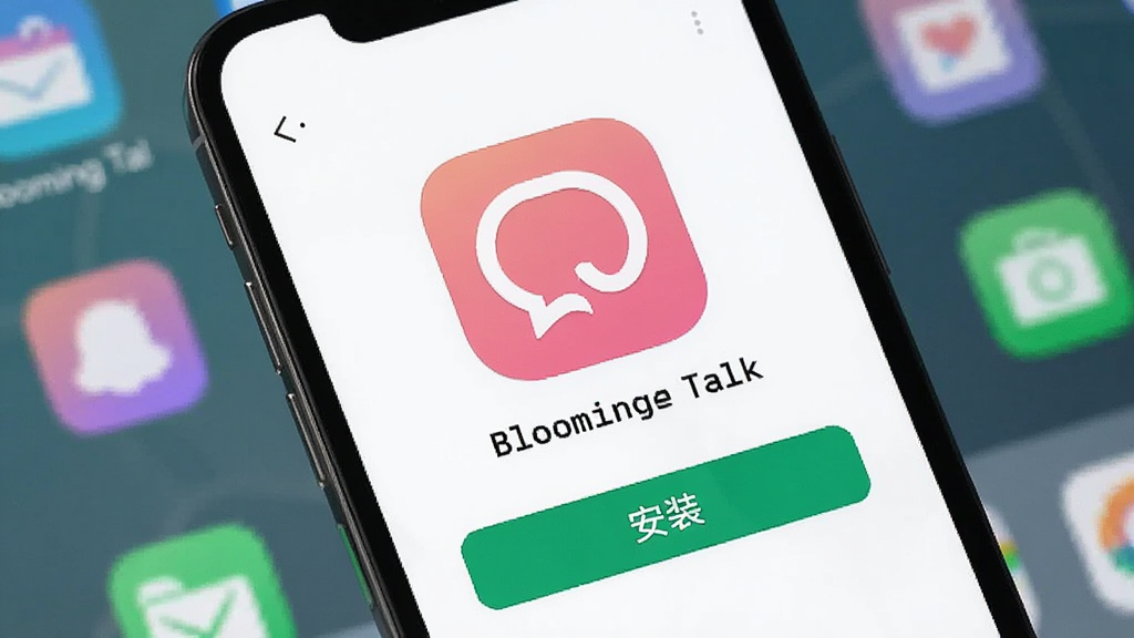 一张展示Blooming Talk在手机上运行时的安装界面截图,手机屏幕显示应用图标和“安装”按钮,背景为简约桌面,周围有少量应用图标,整体风格干净明亮,突出软件名称