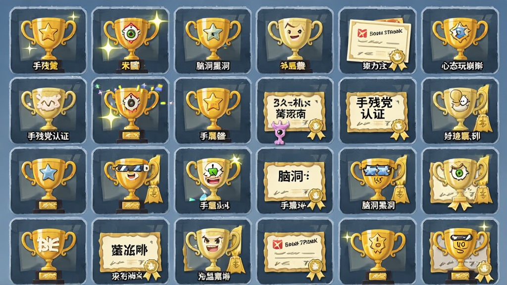 游戏成就列表界面截图,主体是《心态玩崩了》的成就墙,上面挂满了各种搞怪奖杯和奖状,文字标有