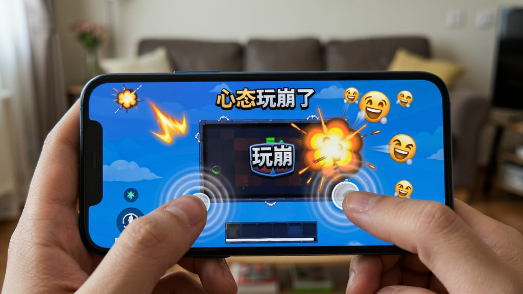手机横屏握持游戏的实拍图,屏幕中显示《心态玩崩了》的关卡界面,玩家手指正点击屏幕,周围有夸张的爆炸特效和表情符号,布局以手机屏幕为中心,背景是模糊的客厅环境,风格生活化,细节有手指触控的波纹,画质真实,干净无多余元素