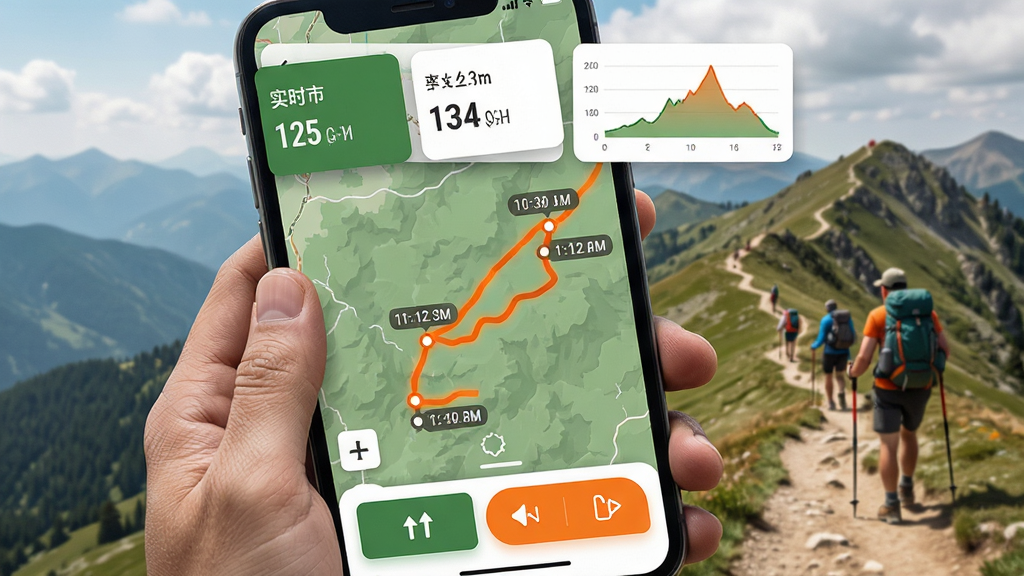 主体:手抓地图应用轨迹记录页面,背景为山脊徒步路线。布局:页面顶部显示实时数据面板,中间为地图轨迹线条,底部有操作按钮。排版:数据面板采用卡片式设计,轨迹线高亮显示。风格:户外运动风格,绿色与橙色点缀,动感活力。细节:轨迹点带有时间戳,海拔曲线图清晰,按钮图标直观。画质:高清,画面干净。