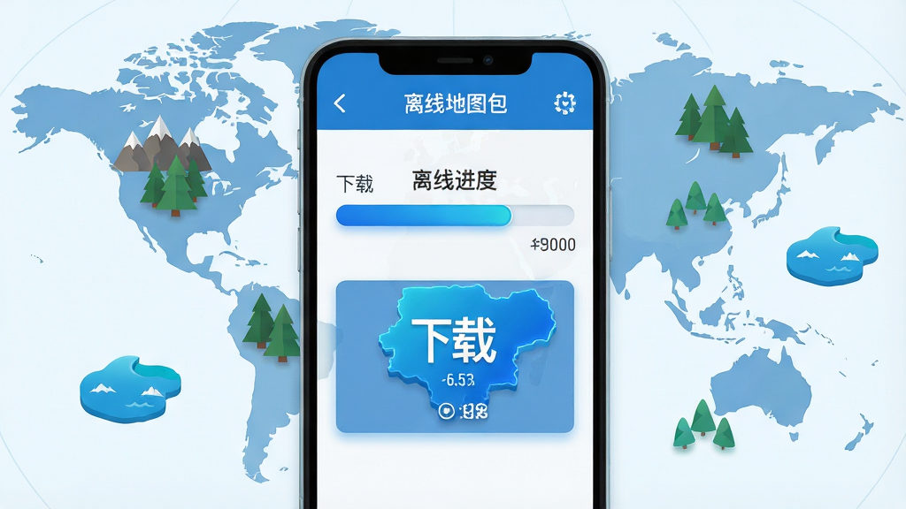 主体:手抓地图应用离线地图下载界面,背景为世界地图轮廓。布局:界面中央显示下载进度条与区域选择框,周围有山脉、森林、海洋等图标。排版:信息层级清晰,进度条醒目。风格:扁平化与拟物结合,蓝色主调,简洁明亮。细节:下载区域高亮显示,文字标注“离线地图包”,进度百分比清晰。画质:干净,无多余元素。