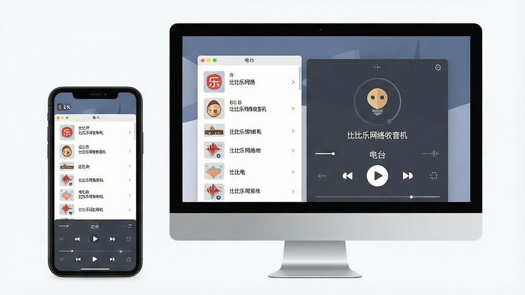 一张现代简约风格的软件展示图,主体为比比乐网络收音机在手机与电脑屏幕上的运行界面,布局清晰展示电台列表与播放控制区,排版干净整洁,风格扁平化设计,细节包含播放按钮与电台名称“比比乐网络收音机”,画质高清,干净,无多余元素。