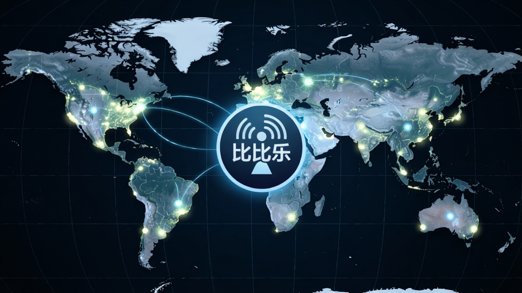 世界地图背景上分布着多个发光节点,中心位置显示比比乐网络收音机的圆形图标,整体布局展现全球化连接概念,排版具有科技感,风格抽象写实结合,细节呈现地图经纬线与节点光晕,画质细腻,干净,无多余元素。