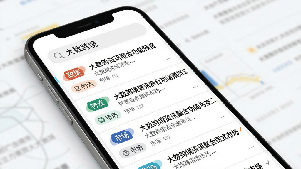 大数跨境资讯聚合功能预览图,手机屏幕显示多条新闻列表,每条新闻带有分类标签如“政策”“物流”“市场”,顶部搜索栏有“大数跨境”字样,背景为白色,列表排版整齐,风格清新简约,细节丰富,画质高清,干净无多余元素