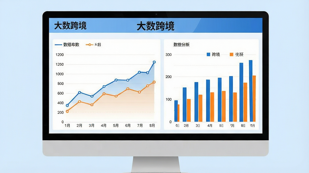 大数跨境数据分析界面预览图,屏幕中央显示折线图与柱状图,图表颜色为蓝色与橙色,标题栏有“大数跨境”文字,背景为浅蓝色,布局清晰,风格商务,细节精准,画质干净,无多余元素