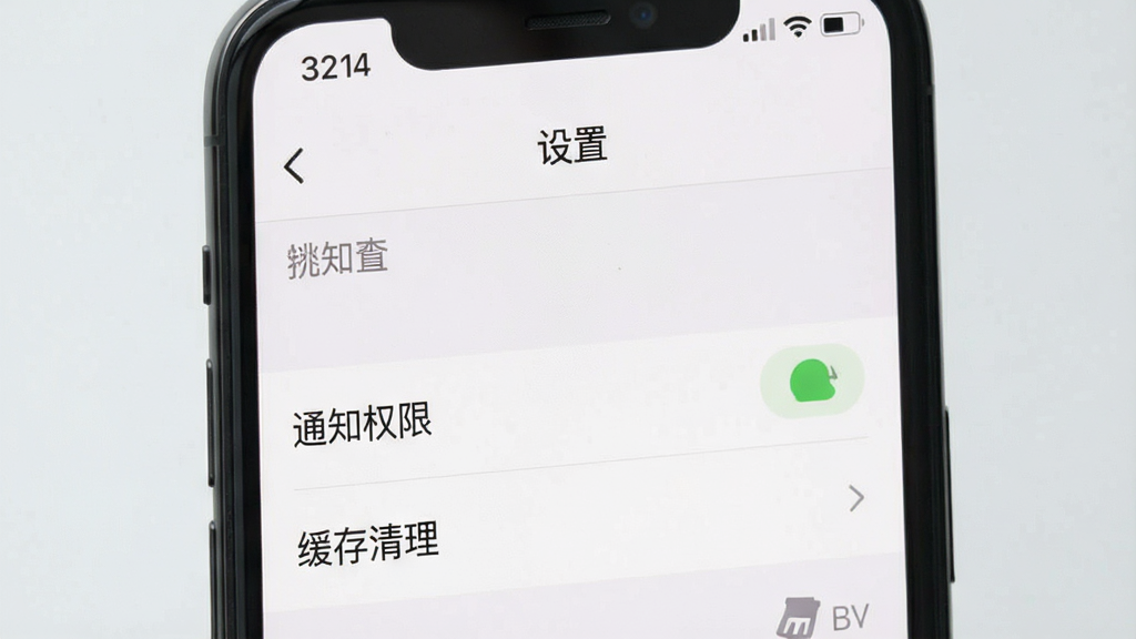 大数跨境使用指南教程配图,手机屏幕显示“设置”页面,有“通知权限”“缓存清理”选项,背景为浅灰,文字清晰,风格简洁,画质干净,无多余元素
