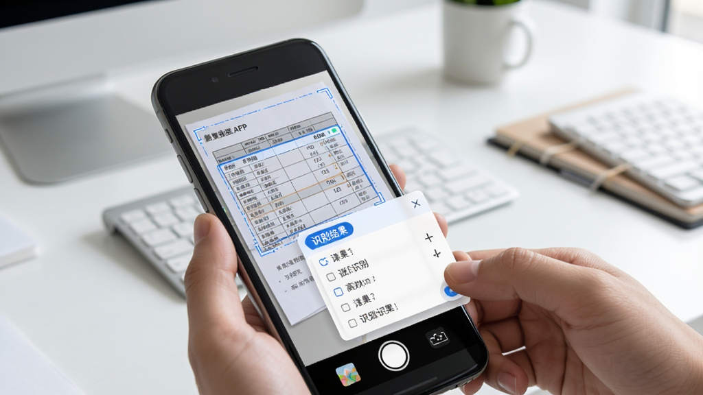 合墨数据APP的拍照识别功能预览图,画面显示手机对准一张带有表格的纸张,屏幕中自动框选出数据区域并弹出识别结果,背景为干净的办公桌面,风格写实清晰,突出智能识别与高效录入,无多余元素。