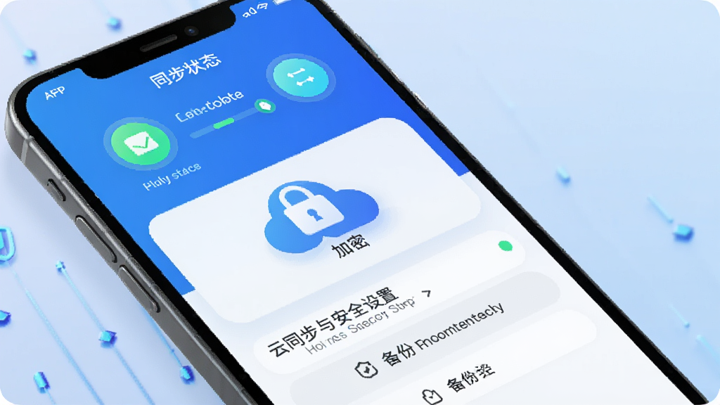 合墨数据APP的云同步与安全设置界面,屏幕中显示同步状态图标、加密锁标识以及备份选项,背景为渐变蓝色,风格科技感十足,突出安全可靠,无多余元素。