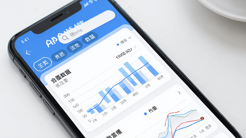 一张展示合墨数据APP主界面的高清截图,界面包含清晰的数据图表、分类标签和搜索栏,整体风格简洁现代,以蓝白为主色调,画面干净明亮,突出数据可视化与易用性,无多余元素。