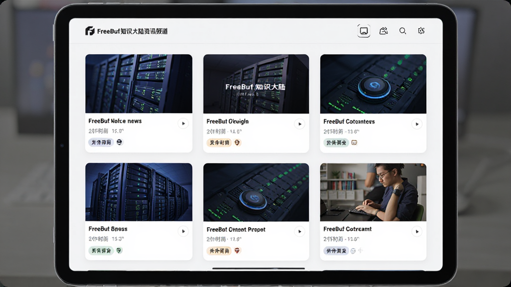 展示FreeBuf知识大陆资讯频道的界面设计,主体为平板电脑横向放置,屏幕展示多篇安全新闻卡片,布局为网格排列,风格简约现代,细节包括新闻缩略图、发布时间、分类标签,画质清晰,干净无多余元素。