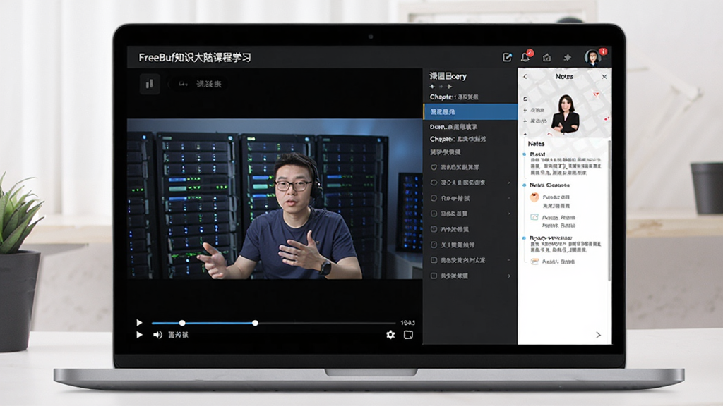 描绘FreeBuf知识大陆课程学习界面的场景,主体为笔记本电脑屏幕,正在播放网络安全教学视频,右侧显示课程目录与笔记区,布局左右分栏,风格清爽明亮,细节包括进度条、章节列表、讲师头像,画质高清,干净无多余元素。