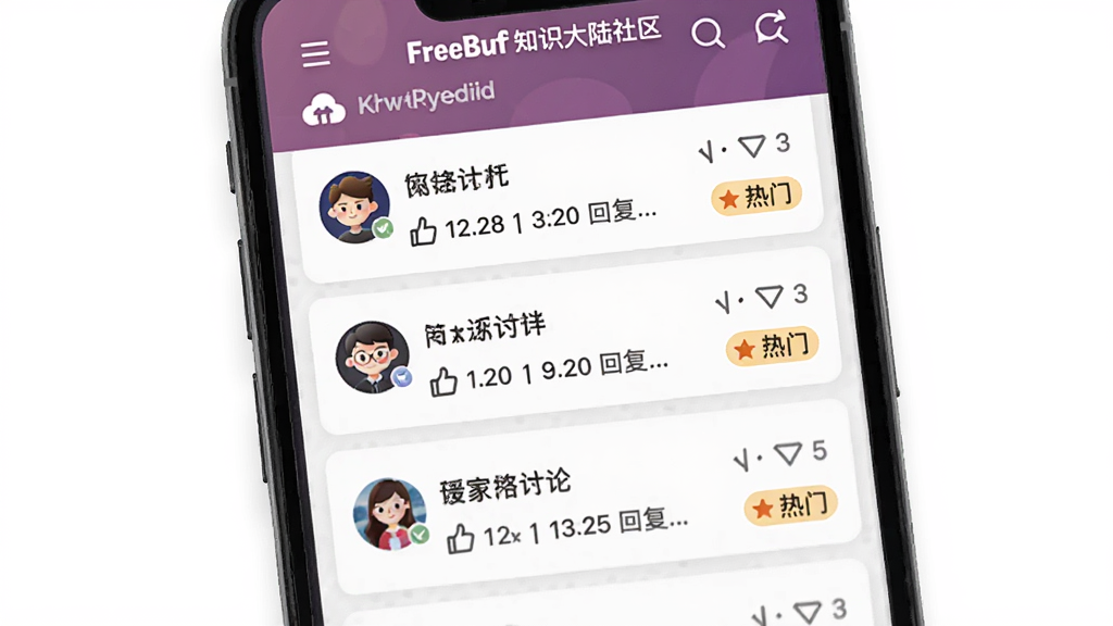 展示FreeBuf知识大陆社区讨论区的界面,主体为手机竖屏显示,屏幕上有多个讨论帖列表,布局为列表式,风格活泼多彩,细节包括用户头像、点赞数、回复数、热门标签,画质细腻,干净无多余元素。