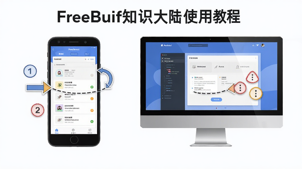 展示FreeBuf知识大陆使用教程的插图,主体为手机和电脑并排,屏幕显示应用操作界面,布局为左右对比,风格简洁明了,细节包括箭头指向、步骤编号、注意事项图标,画质清晰,干净无多余元素。