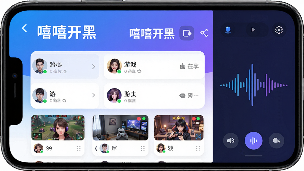 主体:嘻嘻开黑APP界面,显示游戏开黑房间列表和语音聊天界面,界面风格现代且充满科技感,布局:手机居中展示,界面元素清晰,上方有“嘻嘻开黑”字样,下方有多个游戏房间卡片,右侧有语音波形图,排版:简洁明了,主次分明,风格:扁平化设计,色彩明快,以蓝色和紫色为主色调,细节:界面图标精致,有玩家头像和在线状态,画质:高清,干净,无多余元素