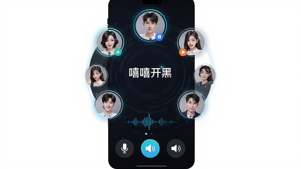主体:嘻嘻开黑APP的语音通话界面,显示多个玩家头像和语音波形,布局:界面以圆形头像排列,中间有“嘻嘻开黑”字样,底部有麦克风、扬声器等控制按钮,排版:简洁直观,风格:科技感,深色背景,细节:头像有高亮边框表示正在说话,画质:高清,干净,无多余元素